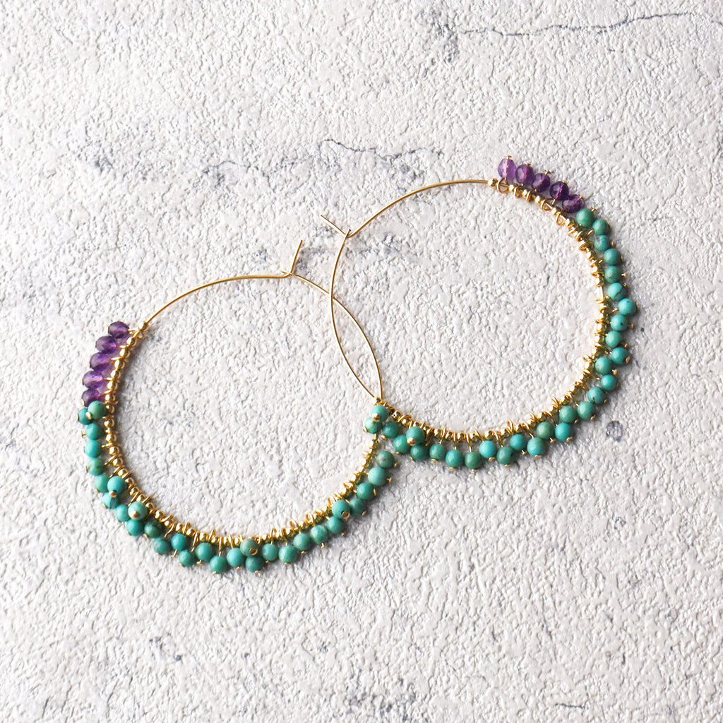 ターコイズのフープピアス【12月の誕生石】　Turquoise Amethyst Hoop Earrings