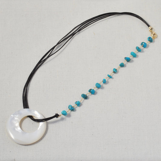 ターコイズ × 白蝶貝レザーネックレス【12月の誕生石】　Turquoise × Shell Leather Necklace