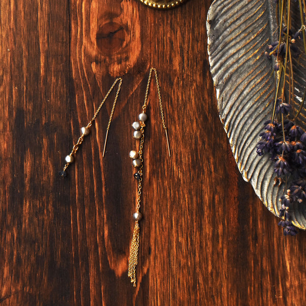 淡水パールとアイオライトのアシンメトリーピアス【6月の誕生石】　Fresh Water Pearl × Iolite Asymmetry Earrings